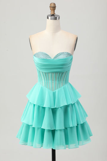 Sparkly Green Ruffled Sweetheart Short Corset Cocktail Dress with Beading